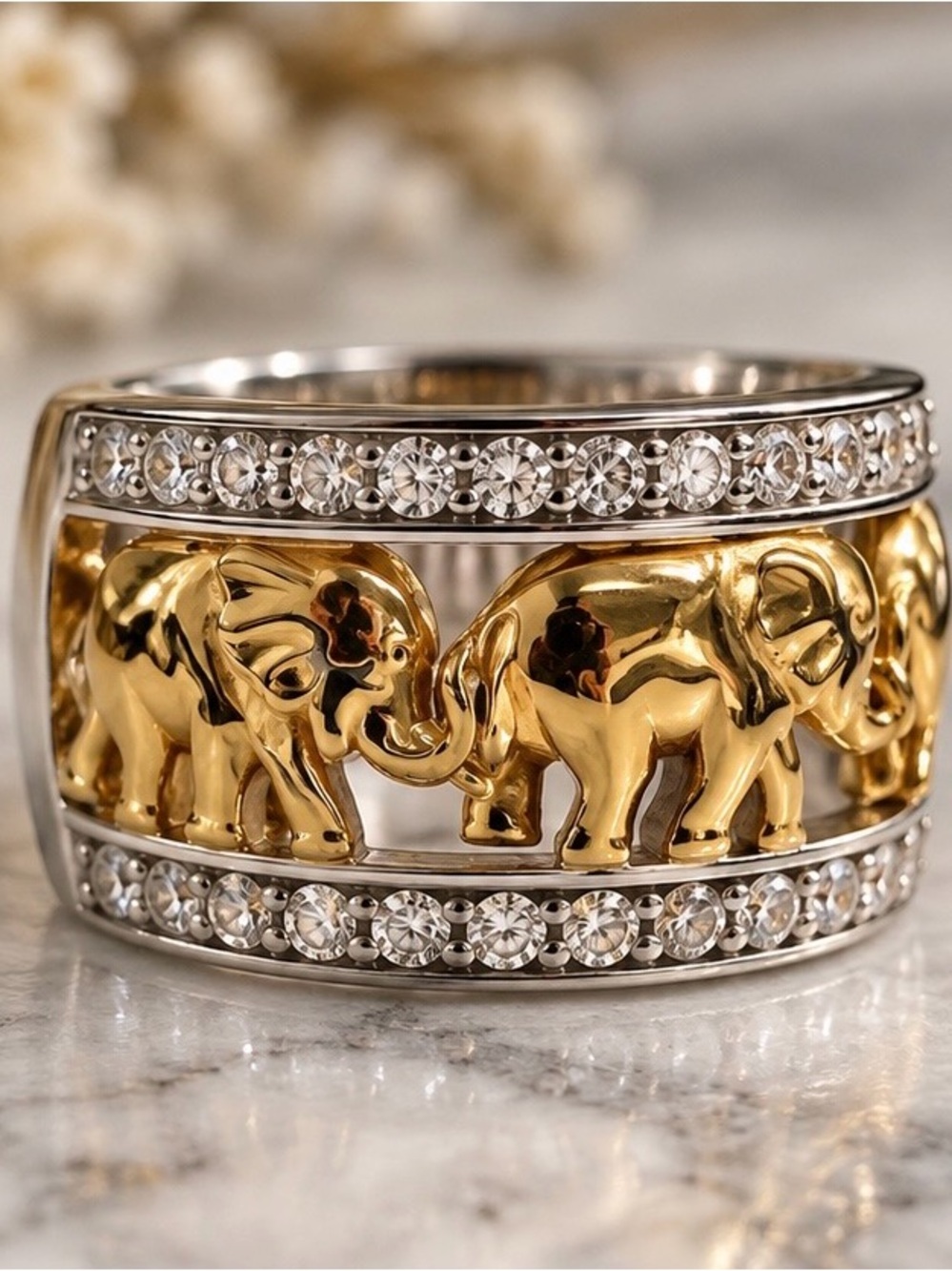 TOVA Diamonique 925 Sterling Silver Gold Elephant Parade Ring Sz 7